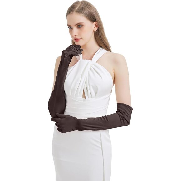 Women's Brown Long Imported Satin Elbow Length Halloween Cosplay Opera Gloves - Picture 5 of 7